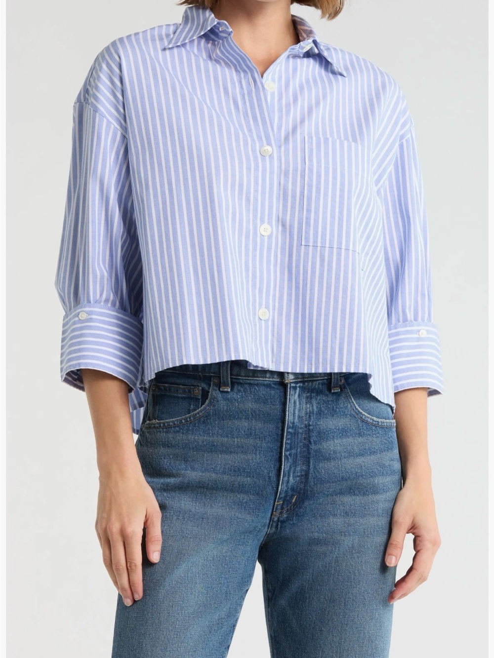 Madewell Stripe Cotton Button-Up Shirt Spread Collar Blue/ White Women’s L